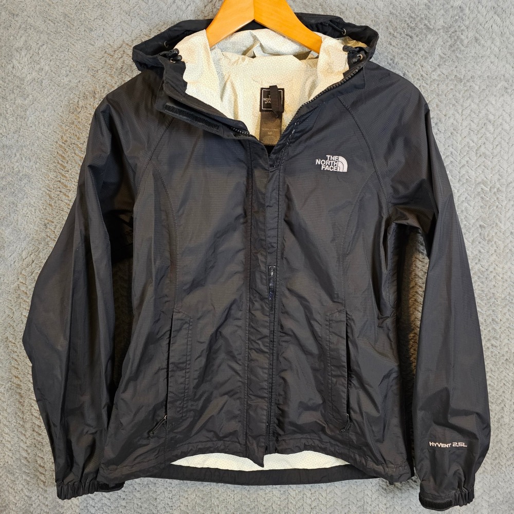 The North Face HyVent 2.5L Rain Jacket Womens Small Black Hooded Ripstop Shell - Picture 2 of 13